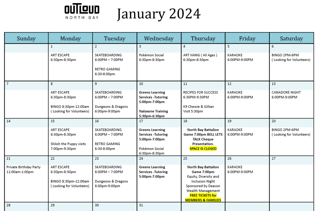 Event Schedule - OUTLoud North Bay